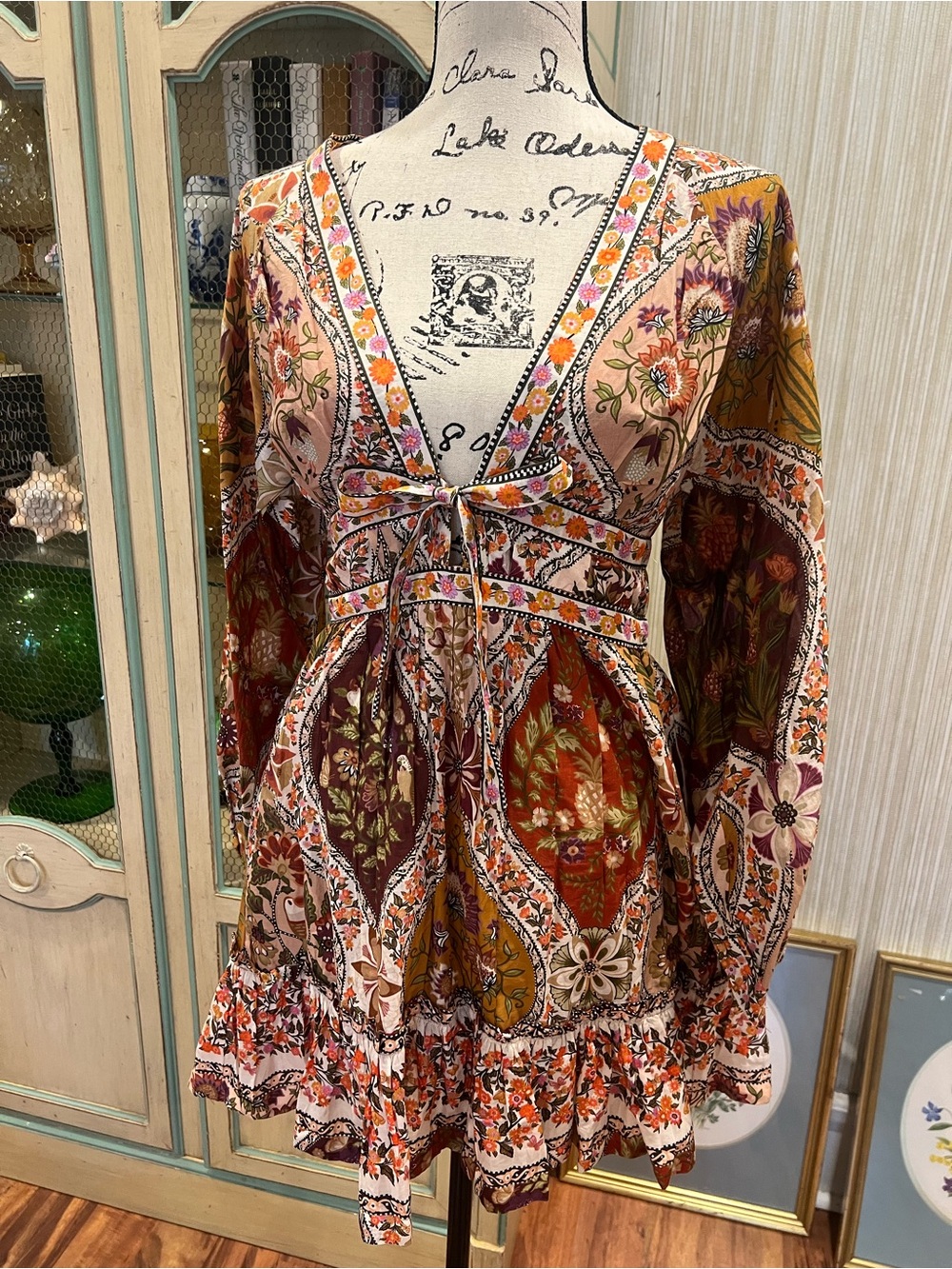 Farm Rio Mini Dress in floral browns Rust and Cream - Picture 6 of 8